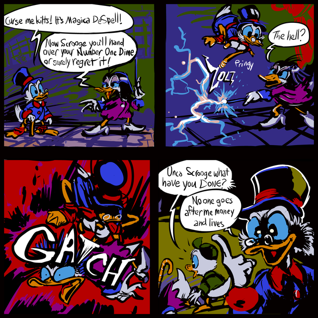 scream and self defense
alternate universe in which Ducktales was Capcom's a video game first then other media was based on it 
Keywords: comic strip