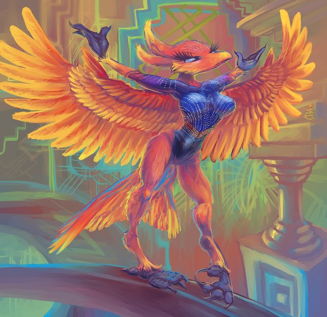 phoenaxtics
a commission drawing of an evidently gymnastically inclined bird person for an individual known as twitter.com/SpandexPhoenix/

I do not reckon such large back-mounted wings would help with the typically associated maneuvers but you can never know what magic birds are capable of

[url=http://bimshwel.com/coppermine/displayimage.php?album=5&pid=178#top_display_media]compare to the previous such sighting[/url] or don't
Keywords: robision