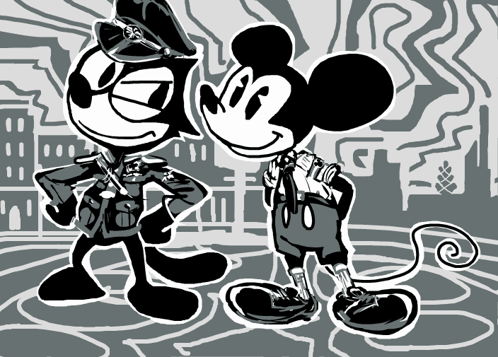 felix the cat and mickey mouse wearing somewhat nazi style clothing